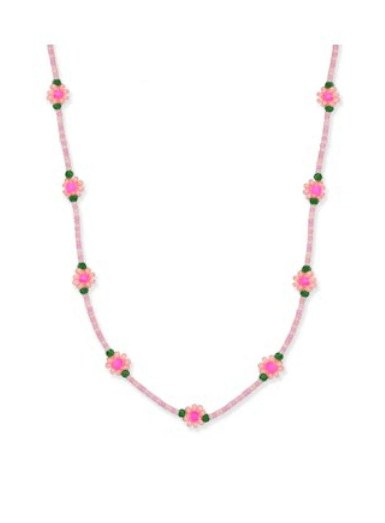 Handmade Beaded Floral Necklace ~ Pink